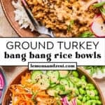 Ground turkey rice bowls with cucumbers, shredded carrots, edamame, and bang bang sauce over top.