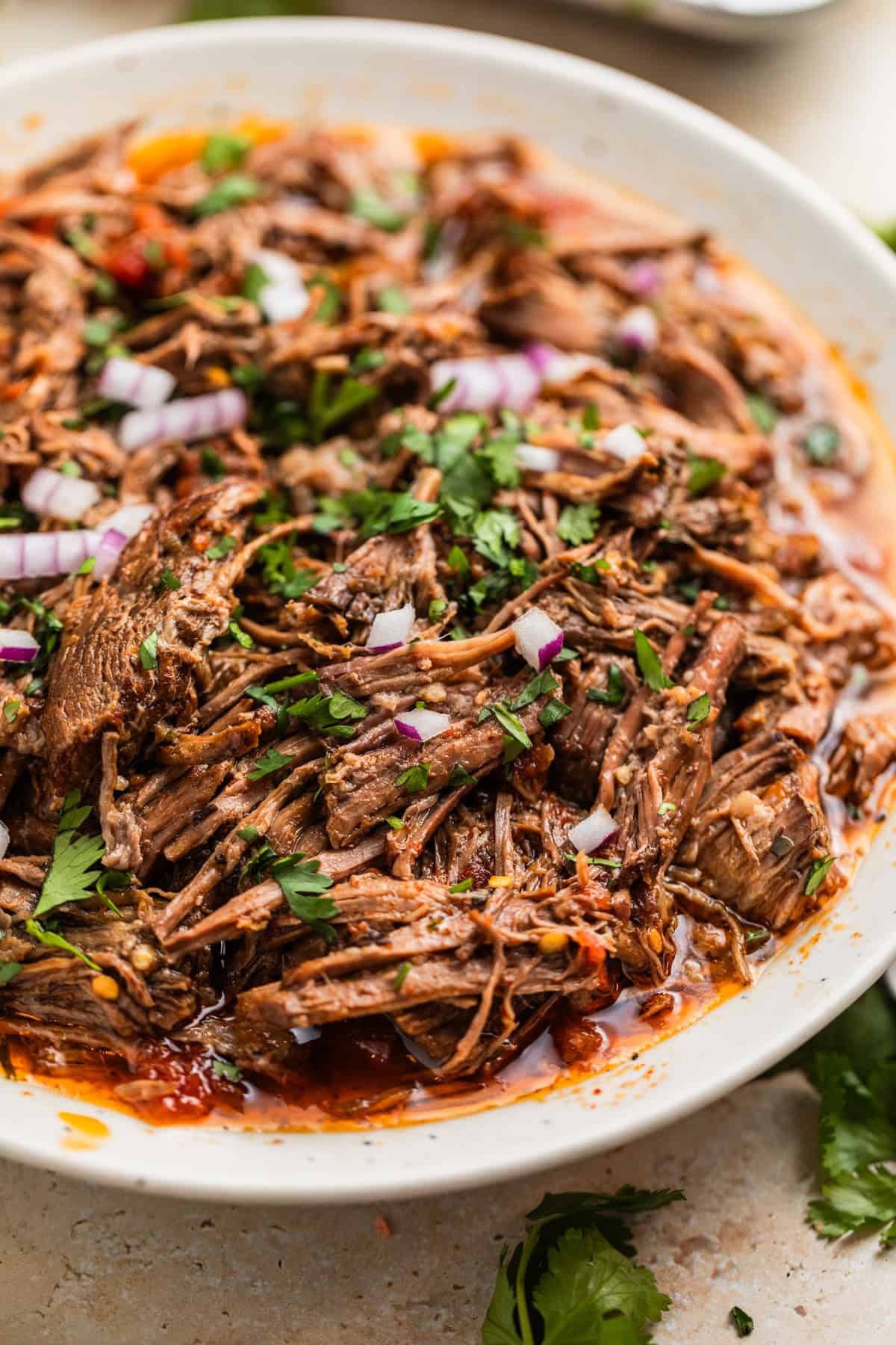 Shredded beef taco meat in plate topped with onion and chopped cilantro.