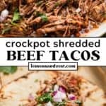 Shredded beef in serving platter and then in corn tortilla served as tacos.
