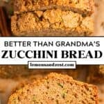 Slices of zucchini bread with sugar topping and then a close up view of the texture of a slice.