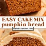 Slices of pumpkin bread topped with cream cheese frosting.