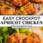 Apricot chicken in serving dish with spoon and then served over rice with sesame seeds.