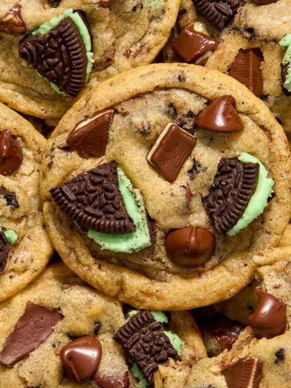 Mint chocolate chip cookies with mint Oreos and andes mints pressed in.