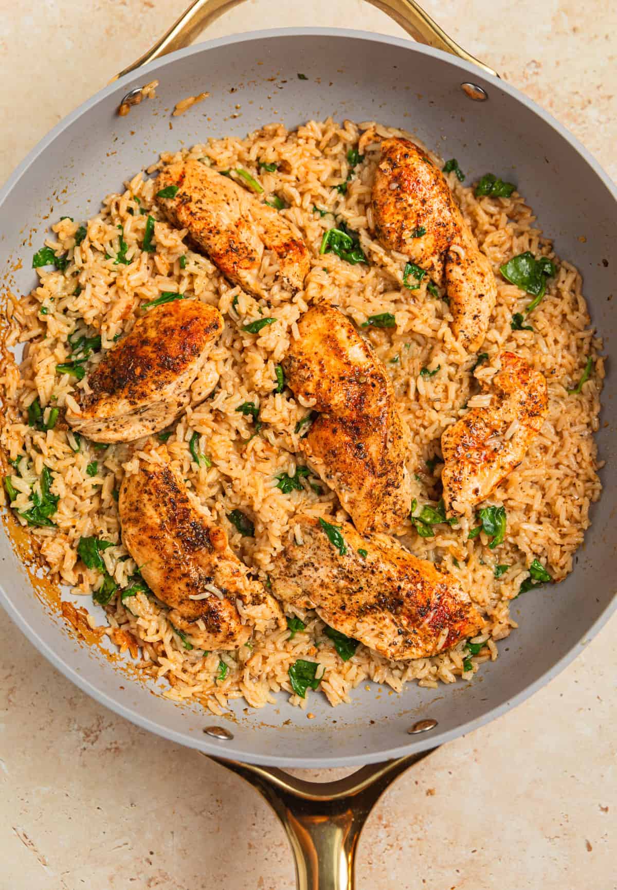 One pan chicken and rice with spinach added in.