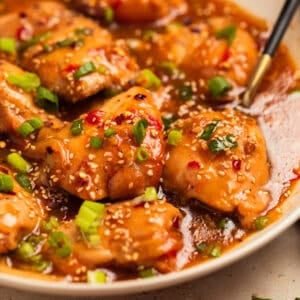 Chicken thighs in apricot sauce with chopped green onions over top.