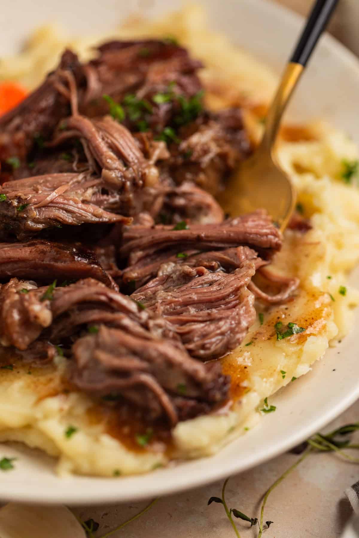 Crock pot red wine short ribs served over mashed potatoes.