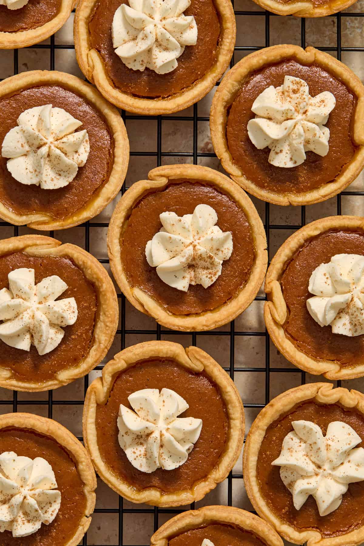 Cooling rack with miniature pumpkin pies topped with whipped cream and cinnamon.