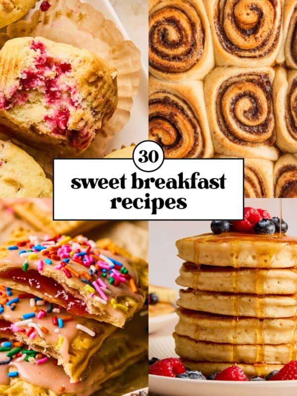 Collage with cinnamon rolls, pop tarts, pancakes and muffin.
