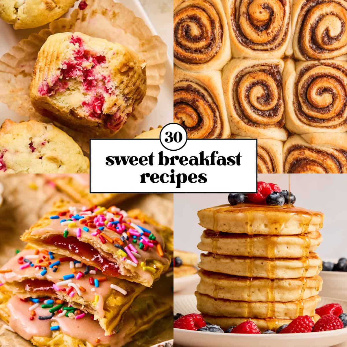 Collage with cinnamon rolls, pop tarts, pancakes and muffin.