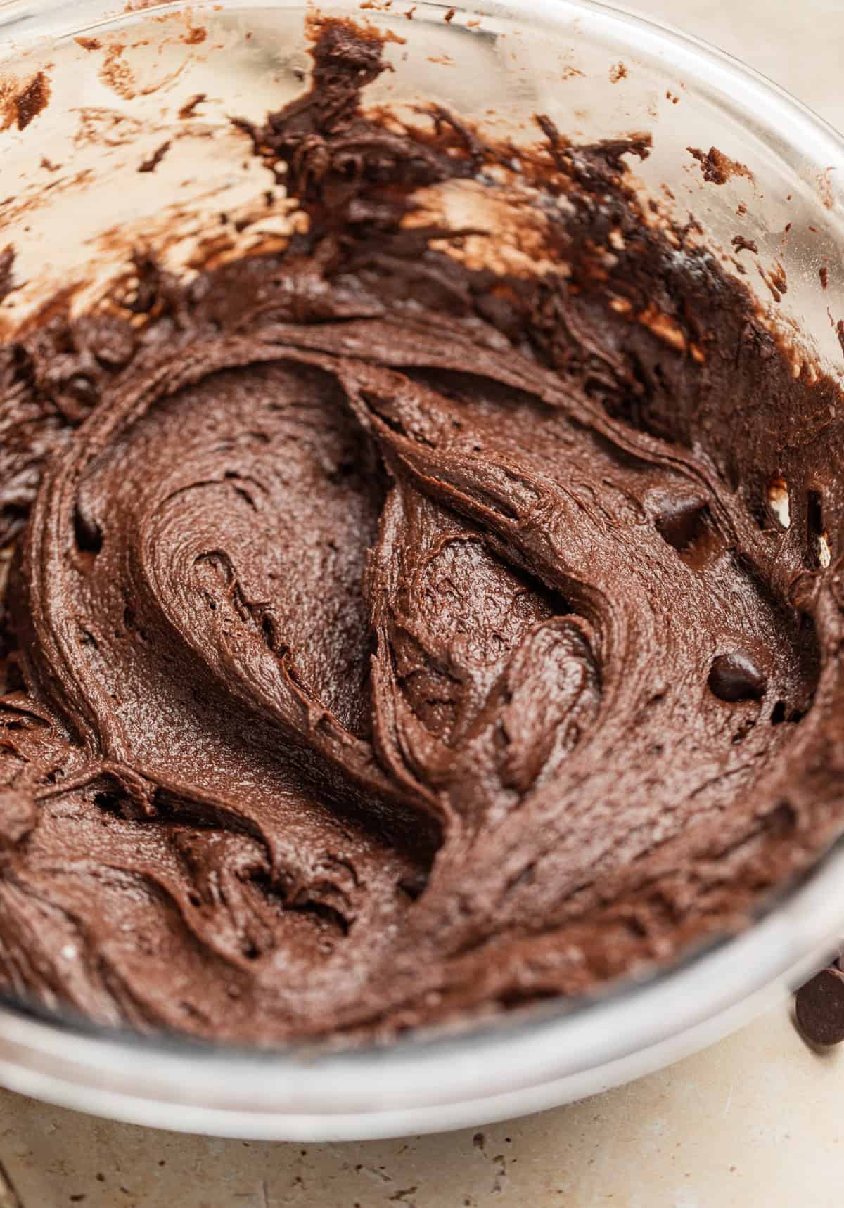 Chilled brownie mix cookie dough in bowl.