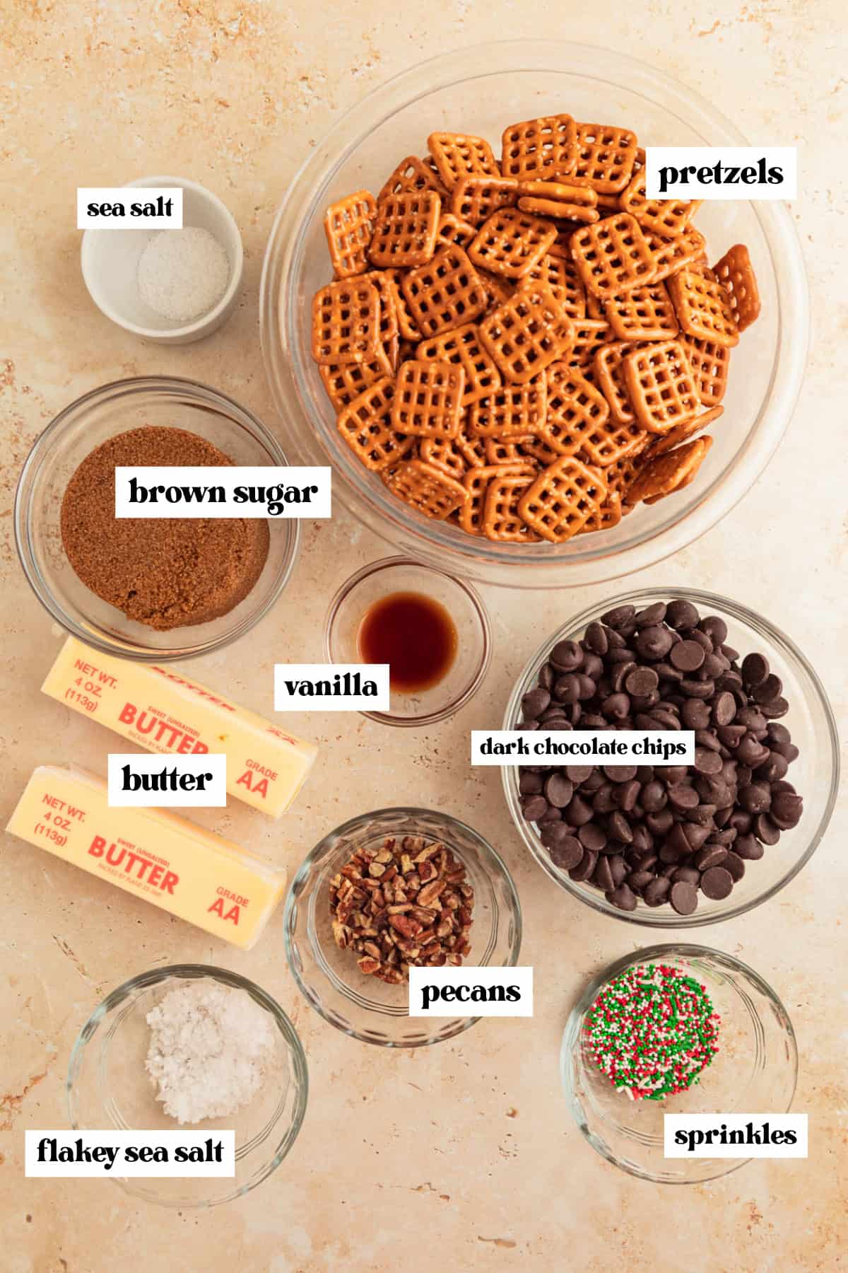 Bowl of pretzels, chocolate chips, butter, and other ingredients needed to make recipe.
