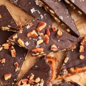 Pretzel toffee topped with pecans and sea salt.