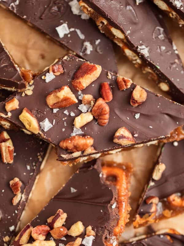 Pretzel toffee topped with pecans and sea salt.