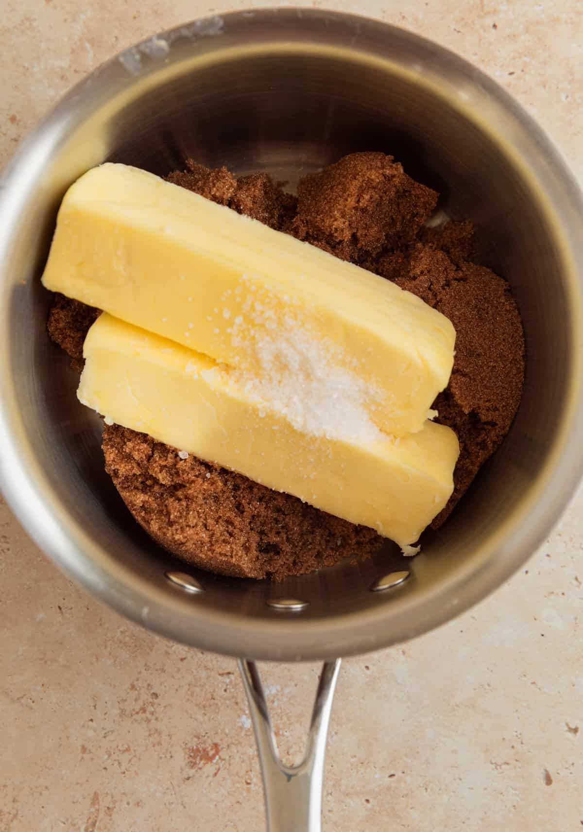 Butter, brown sugar and salt in sauce pan.