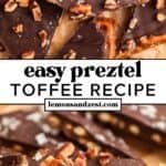 Pretzel toffee on parchment topped with chopped pecans and sea salt.