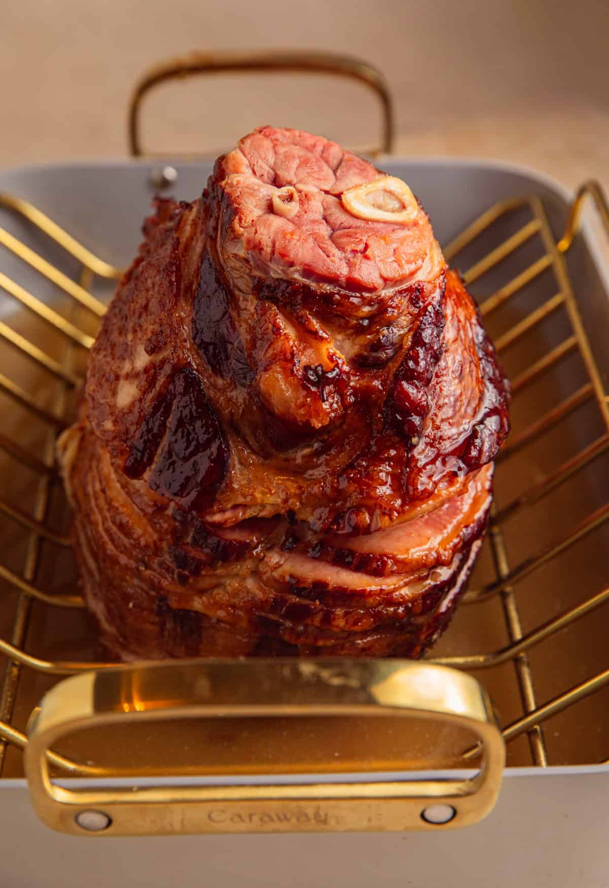 Apricot glaze added to ham.