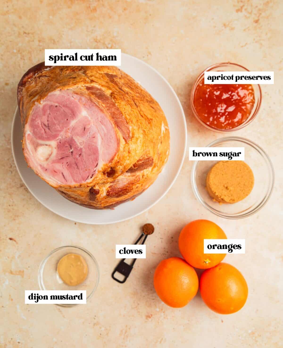 Spiral ham, oranges, dijon mustard and other labeled ingredients.