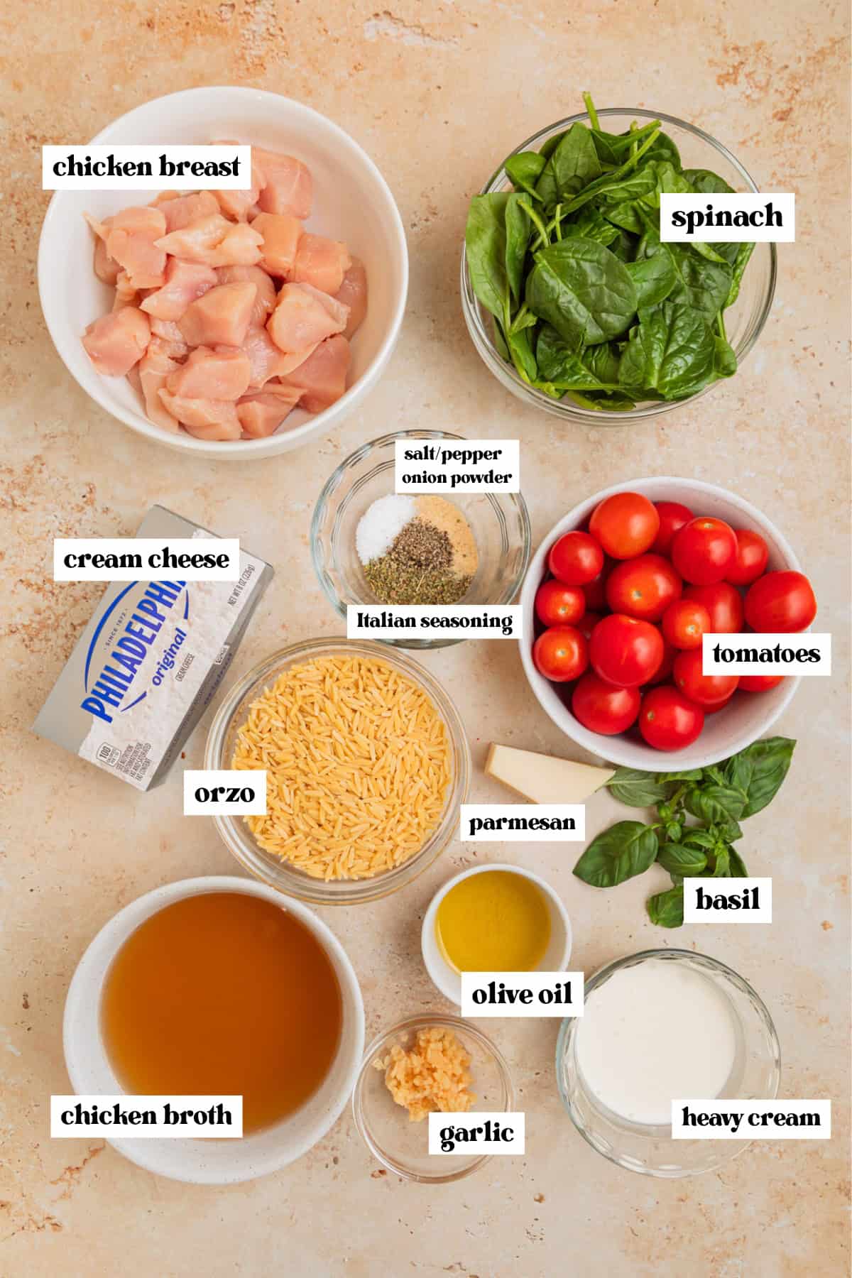 Cubed chicken breast, baby spinach, cream cheese and other labeled ingredients for recipe.
