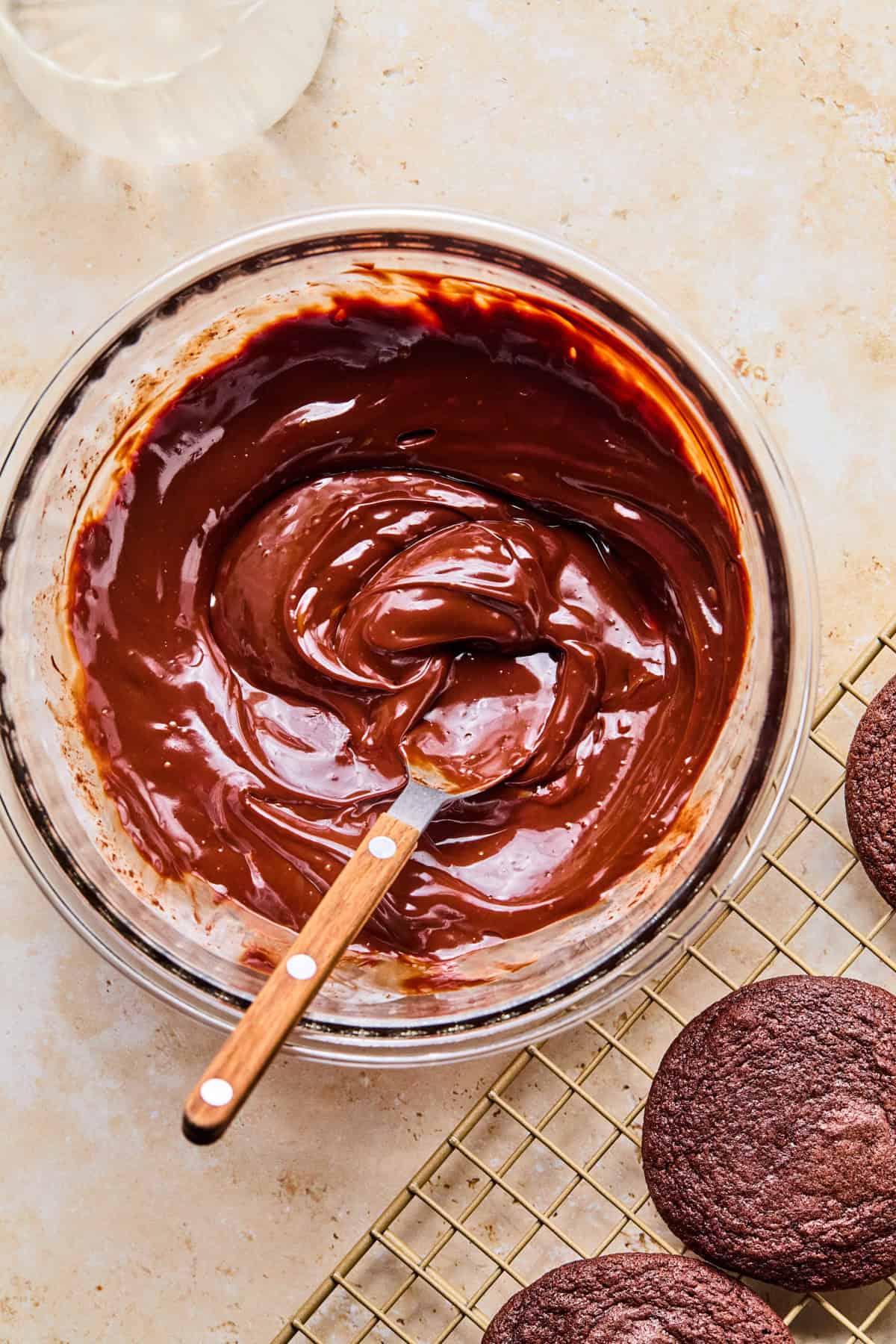 Chocolate ganache in glass bowl.