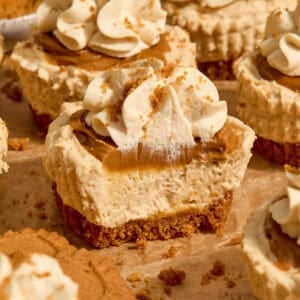 Mini biscoff cookie butter cheesecakes on parchment topped with whipped cream.