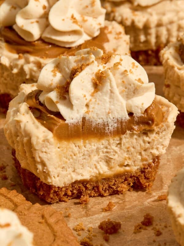 Mini biscoff cookie butter cheesecakes on parchment topped with whipped cream.