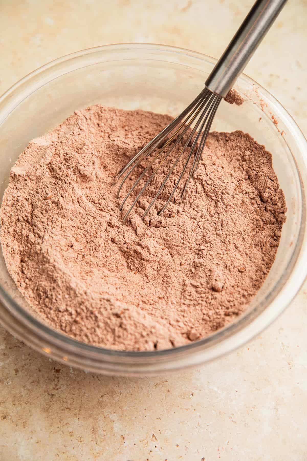 Cocoa powder mixed with flour, espresso powder and leavening agents.
