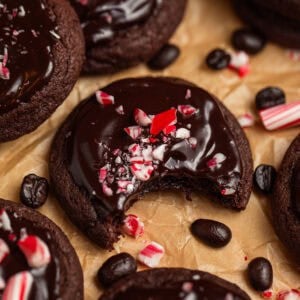 Chocolate cookies with chocolate ganache topping and crushed candy canes.
