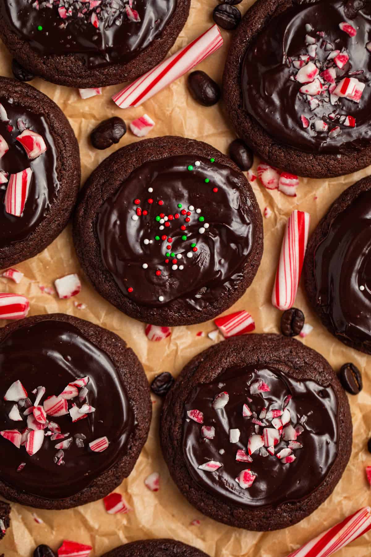 Parchment paper with peppermint espresso cookies.