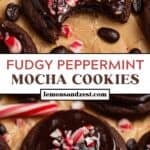 Ganache topped peppermint mocha cookies on parchment.