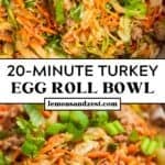 Wooden spoon scooping up some turkey egg roll bowl and then egg roll bowl served on plate topped with onions and cilantro.