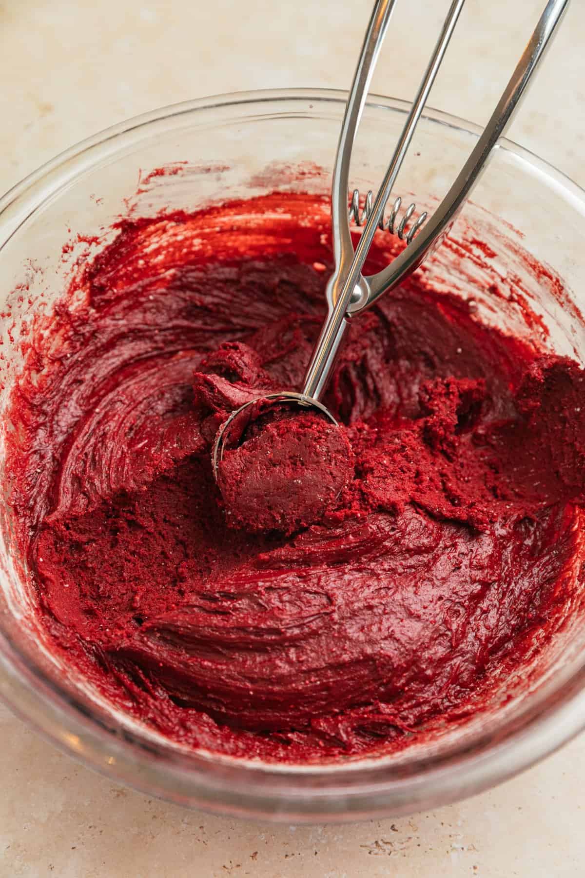 Cookie dough after being chilled with cookie scoop.