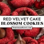 Red velvet cookies with Hershey kiss center on wire rack and then with bite taken out.