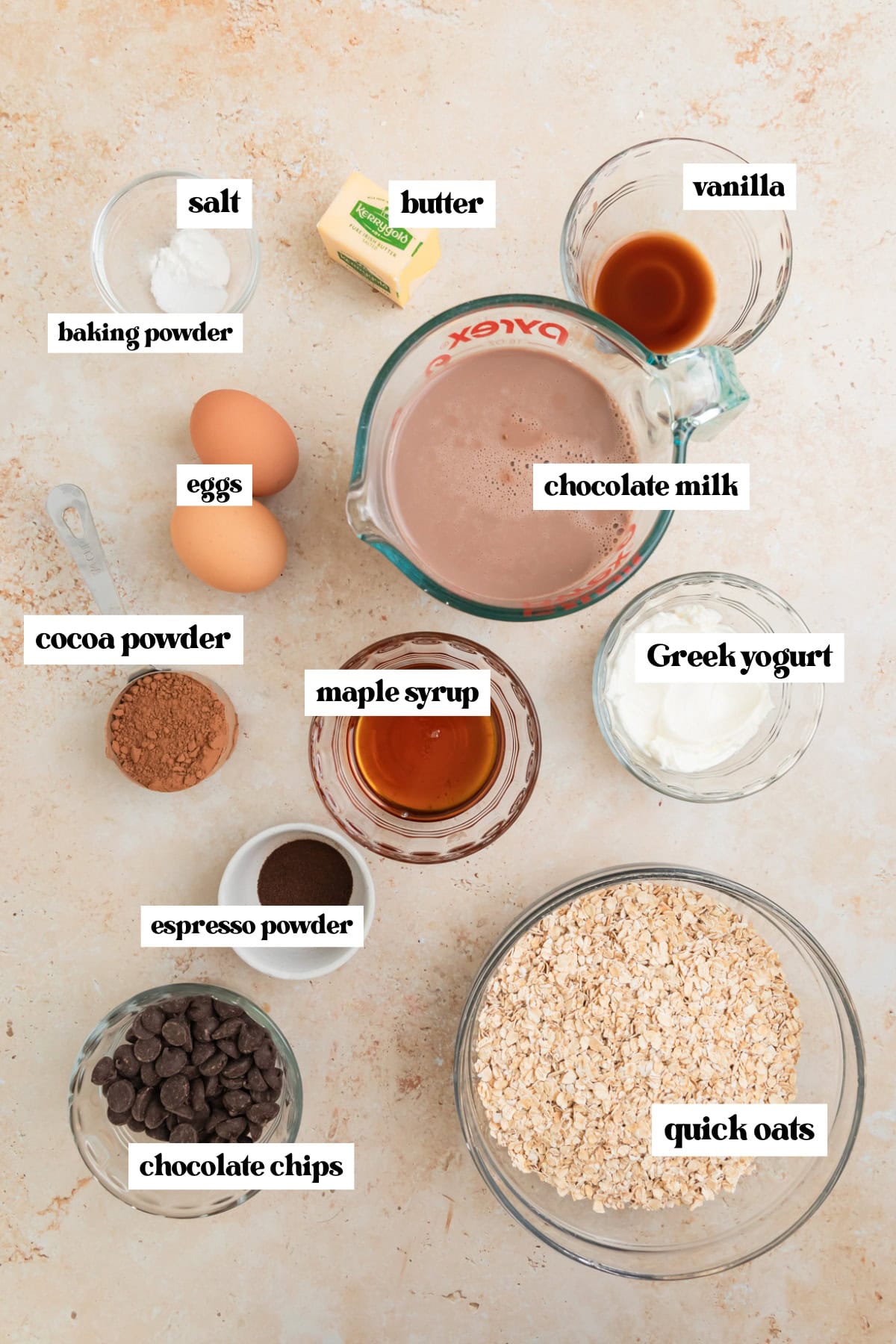 Chocolate milk, eggs, vanilla, cocoa powder and other labeled ingredients.