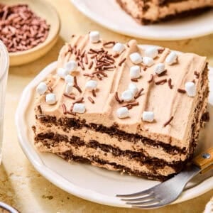 Slice of chocolate layered icebox cake topped with sprinkles and marshmallows.