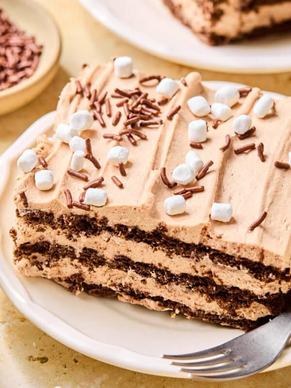 Slice of chocolate layered icebox cake topped with sprinkles and marshmallows.