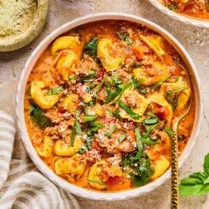 Crockpot sausage and tortellini soup in bowl with spoon.