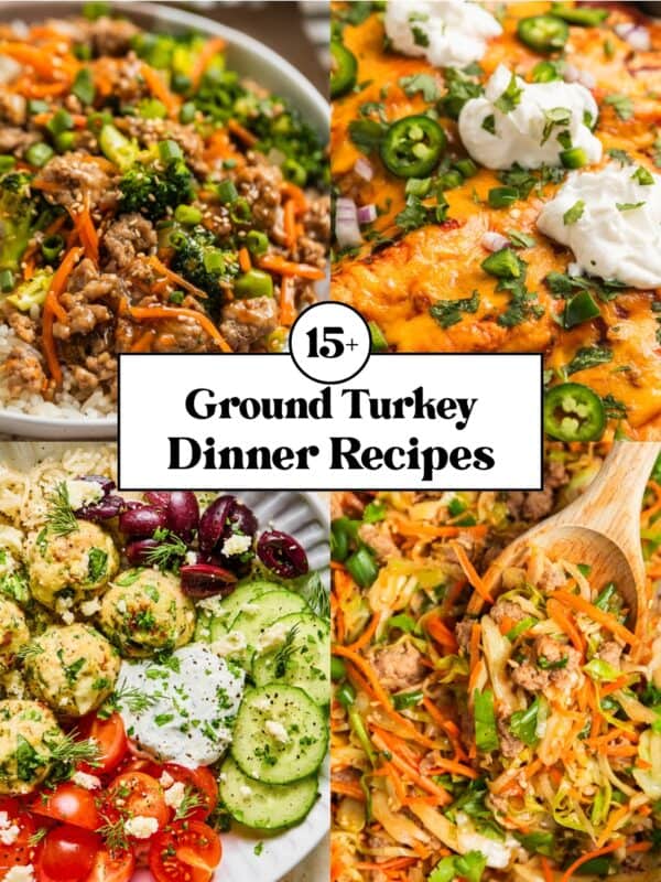 Collage with 4 ground turkey dinner recipes including meatballs, stir fry, enchiladas and egg roll bowl.