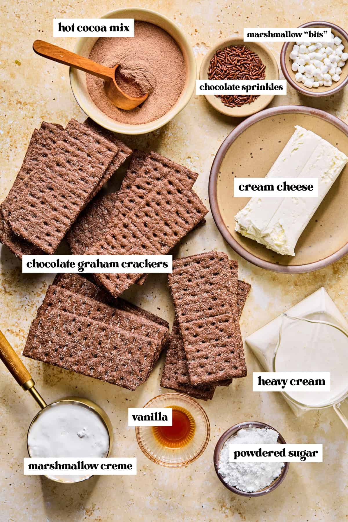 Hot cocoa mix, cream, chocolate graham crackers and other labeled ingredients.