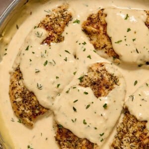 Pan with creamy garlic parmesan chicken.