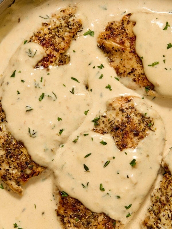 Pan with creamy garlic parmesan chicken.