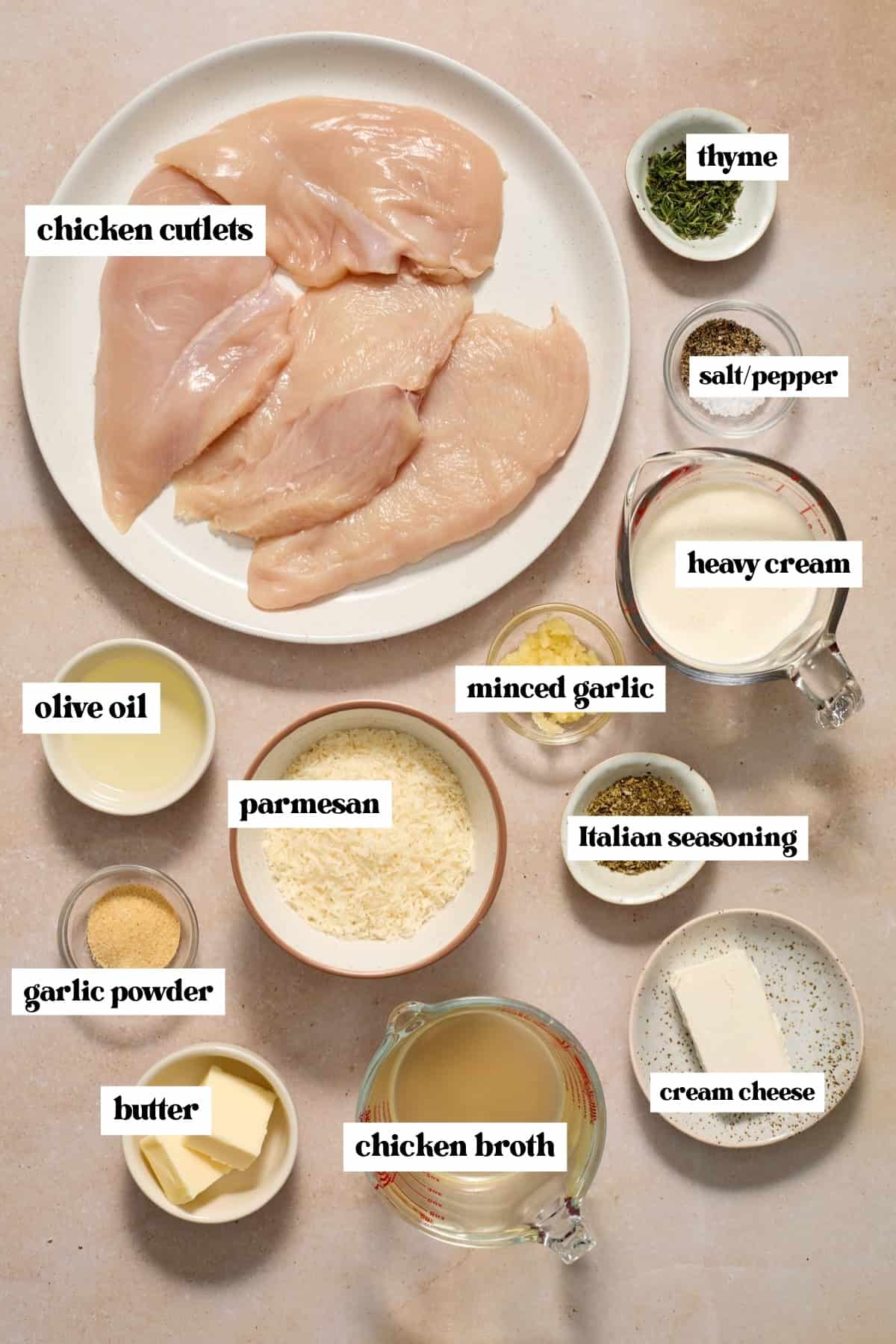 Chicken cutlets, butter, parmesan, thyme and other ingredients for recipe.