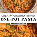 Shallow Dutch oven with creamy tomato pasta with ground turkey and then wood spoon scooping into the pot.