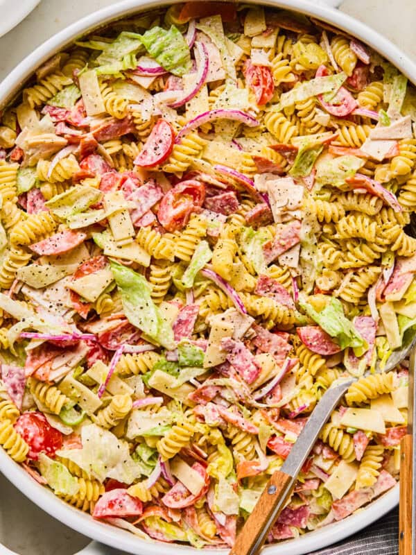 Italian grinder sub pasta salad in serving bowl.