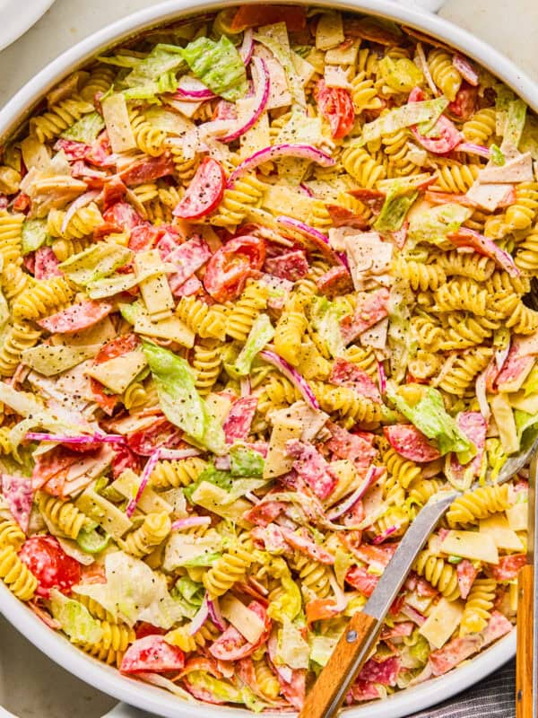 Italian grinder sub pasta salad in serving bowl.