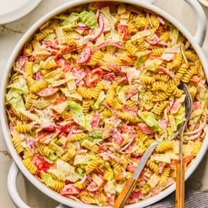 Italian grinder sub pasta salad in serving bowl.