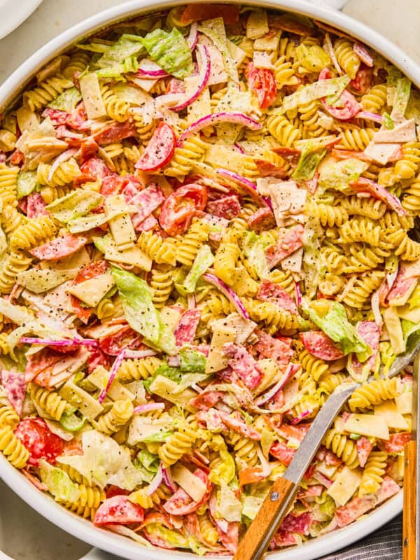 Italian grinder sub pasta salad in serving bowl.