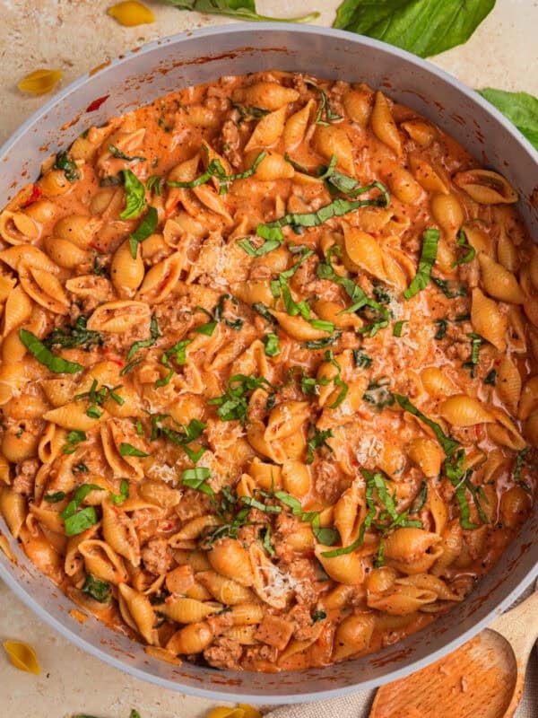 Creamy tomato and turkey pasta in pot.