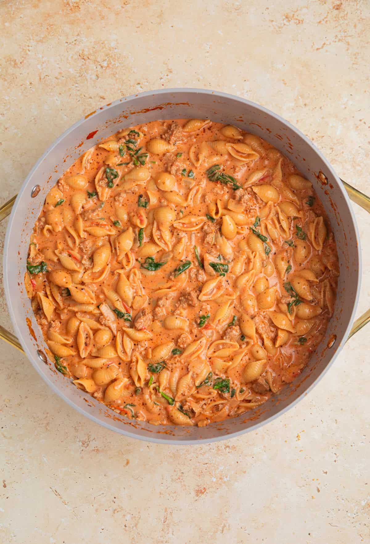 One-pot creamy ground turkey pasta in pot.