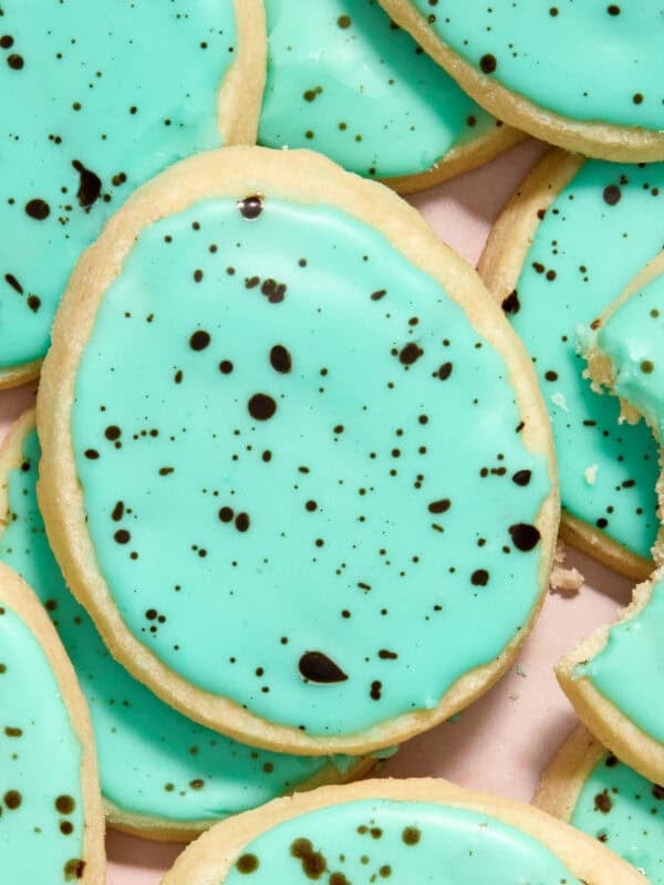 Robin egg speckled iced shortbread cookies.