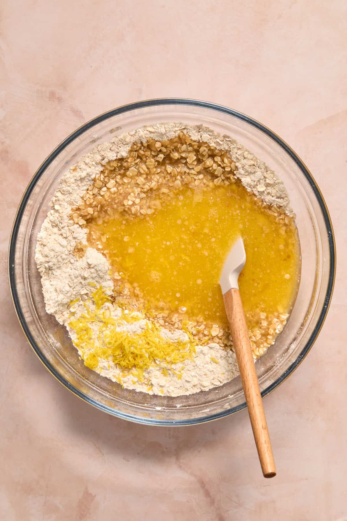 Butter and lemon zest added to oat mixture.